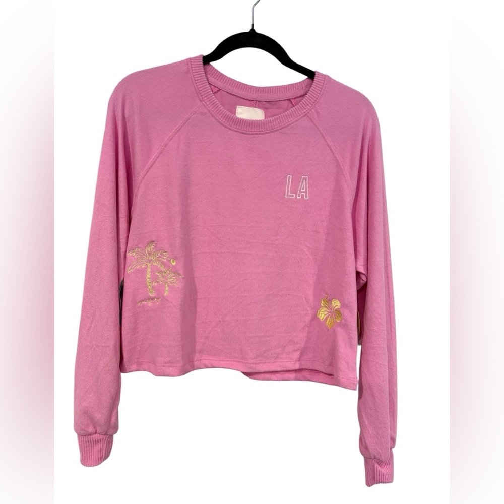 No‎ Comment Pink LA Cropped Sweatshirt Medium Gold Palm Tree Embroidery